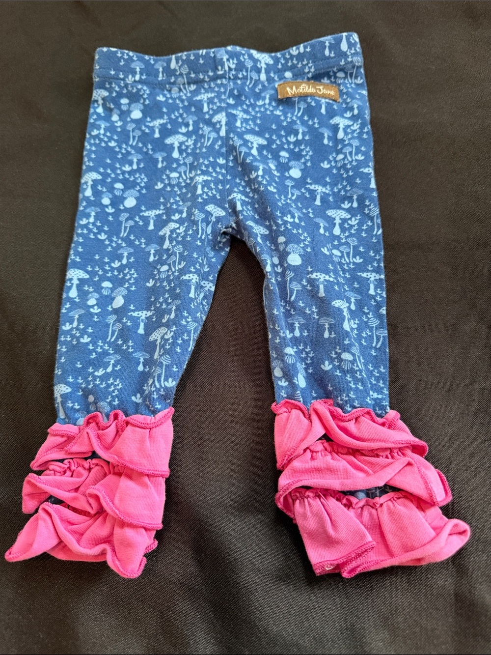 Matilda Jane Blue Mushroom Print Leggings with Pink Ruffle Cuffs